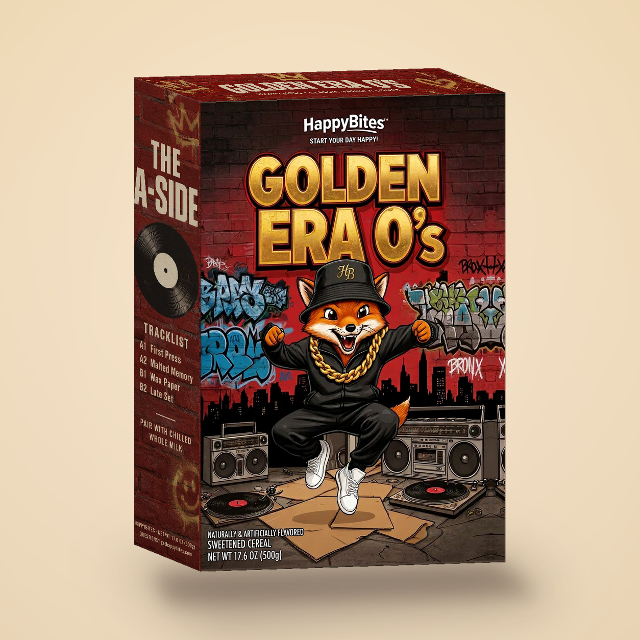 Golden Era O's cereal box featuring mascot Foxy Fresh