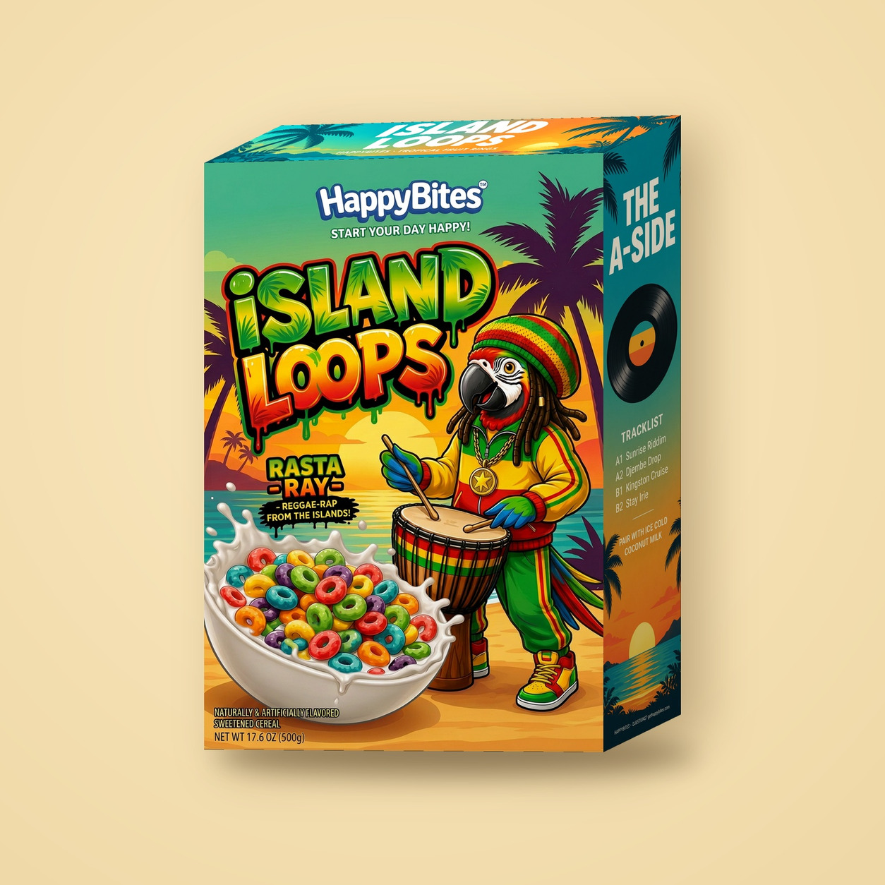 Island Loops cereal box featuring mascot Rasta Ray