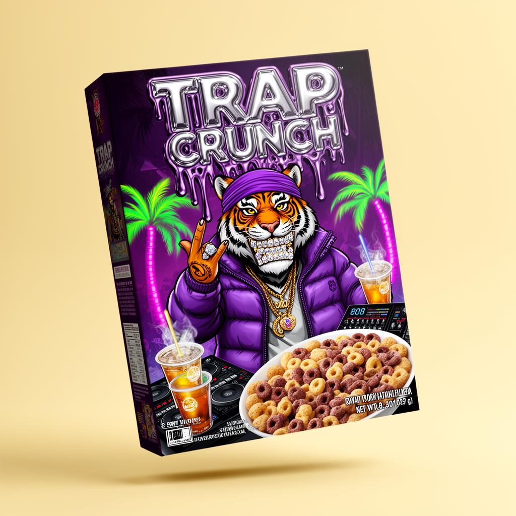 Trap Crunch cereal box featuring mascot Lil Stripes