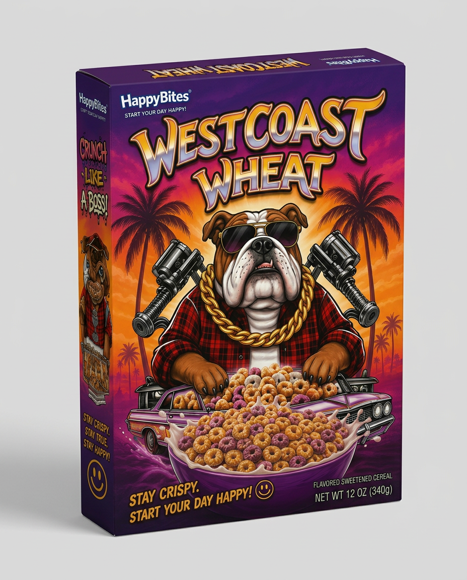 West Coast Wheat cereal box featuring mascot Big Wheezy